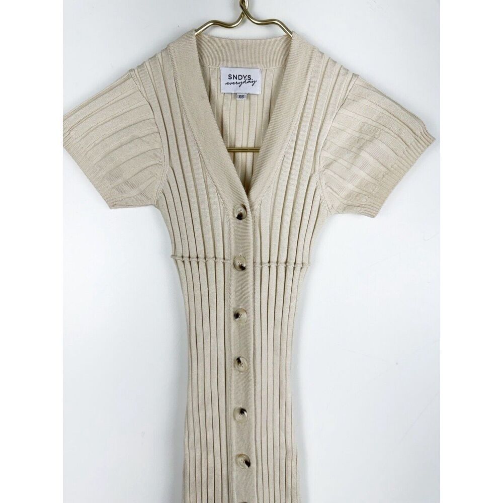 SNDYS NEVADA DRESS Cream Beige Fitted Ribbed Oatmeal Preppy - Picture 3 of 5